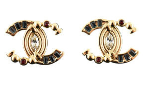 Chanel 26A Blazy Gold Green Red Crystal XL CC Logo Dangle Drop Stud Earrings